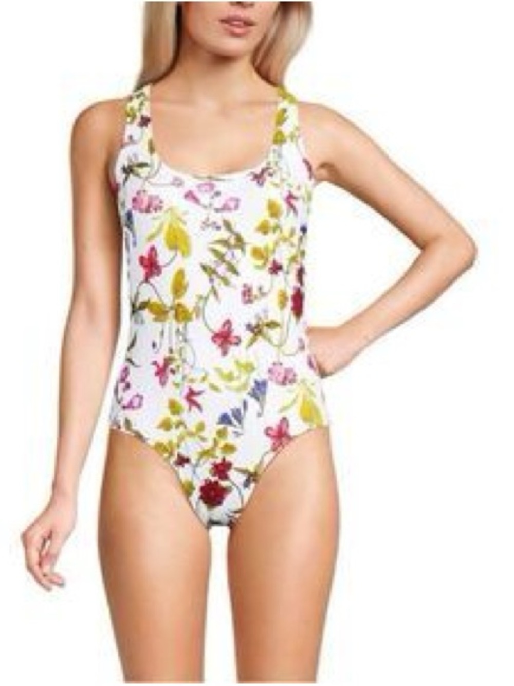Lands’ End White Pink Red Purple Green Floral One Piece Swimsuit 18 LONG NWT